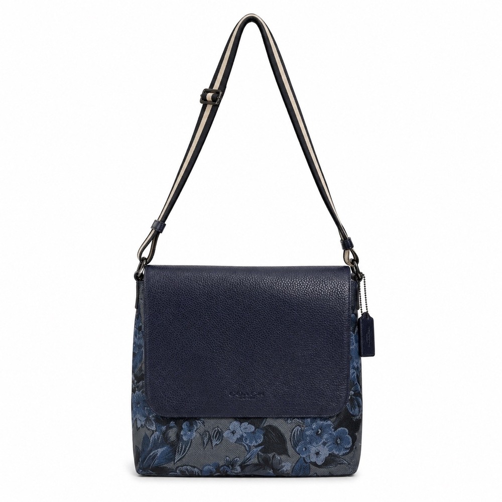 Coach Charles Messenger Bag Floral Print Navy Pebble Leather Crossbody F59301